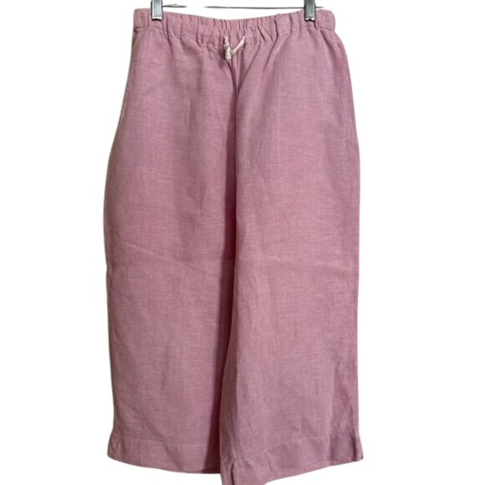 Flax Pink 100% Linen Elastic Waist Drawstring Wide Leg Cropped Pants S